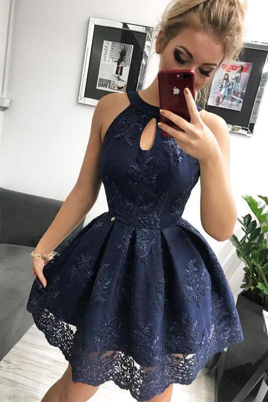Navy Blue Lace Homecoming Dress, Simple Sleeveless Short Party Dresses Prom Dress N1808