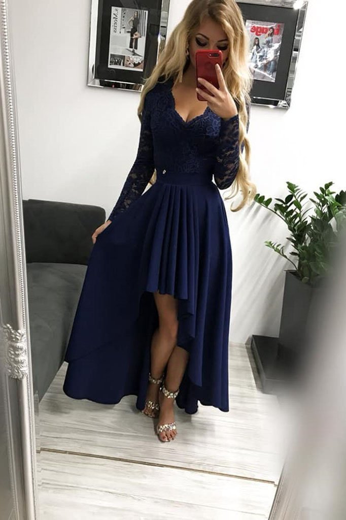 High Low Long Sleeves V Neck Prom Dress, Dark Blue A Line Graduation Dress with Lace UQ1690