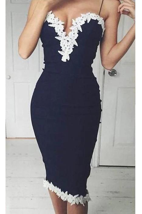 Navy Blue Spaghetti Strap Applique Sheath Short Homecoming Dresses, Pa –  cherishgirls