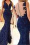 Navy Blue Sleeveless Lace Formal Dresses, Mermaid Sheer Back Lace Prom Gown UQ2028