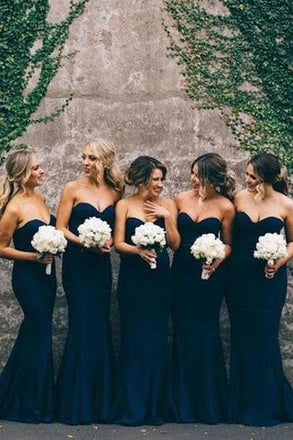 Navy Blue Sweetheart Mermaid Bridesmaid Dress, Simple Sweep Train Cheap Bridesmaid Dress UQ2458