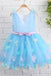 A-Line V Neck Sky Blue Tulle Flower Girl Dress with Applique Bow UF060