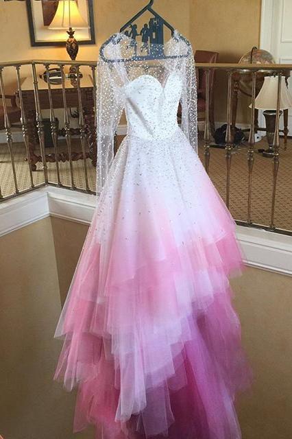 A-line Colorful Pink and White Long Sleeves Sheer Long Wedding Dress c cherishgirls A-line Colorful Pink and White Long Sleeves Sheer Long Wedding Dress c cherishgirls