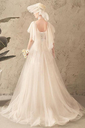 Unique Tulle Lace Long Wedding Dress, Ivory Short Sleeves Lace Up Back Bridal Dresses UQ2585