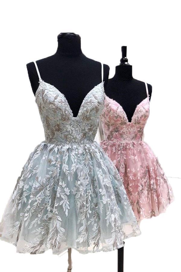 New Style Spaghetti Straps Short Lace Homecoming Dresses,  Mini Lace Party Dress UQ1852