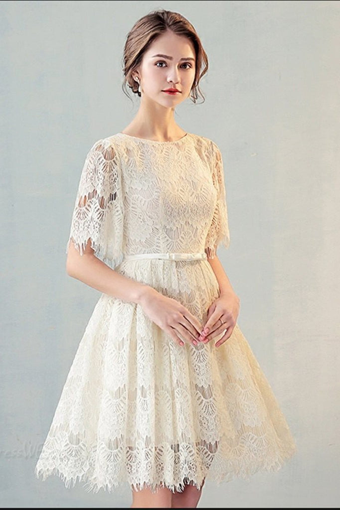 A Line Half Sleeves Lace Homecoming Dress, Cute Lace Sweet Dress with cherishgirls A Line Half Sleeves Lace Homecoming Dress, Cute Lace Sweet Dress with cherishgirls