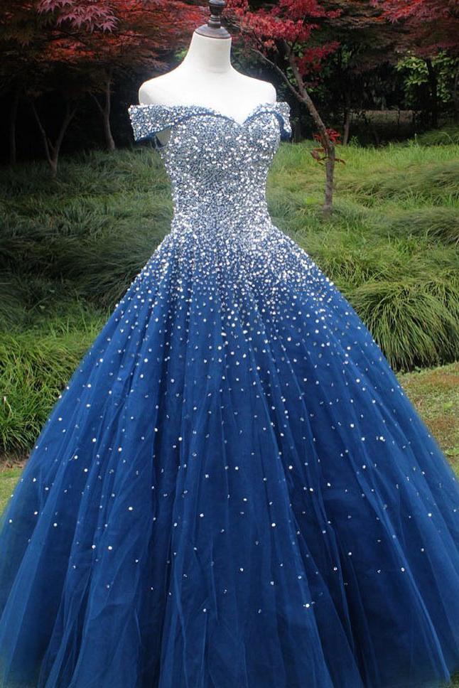 Sparkle Off the Shoulder Blue Ball Gown Prom Dresses, Puffy Tulle Quin cherishgirls Sparkle Off the Shoulder Blue Ball Gown Prom Dresses, Puffy Tulle Quin cherishgirls