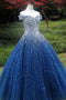 Sparkle Off the Shoulder Blue Ball Gown Prom Dresses, Puffy Tulle Quinceanera Dresses UQ2169