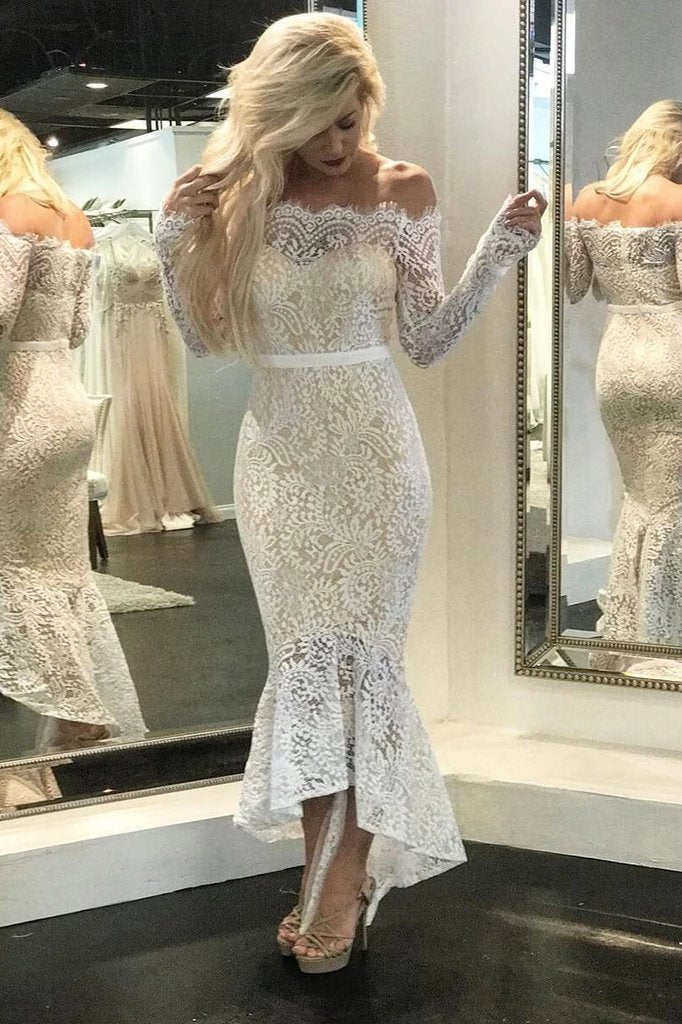 High Low Long Sleeves Mermaid Lace Wedding Dress, Off the Shoulder Lac cherishgirls High Low Long Sleeves Mermaid Lace Wedding Dress, Off the Shoulder Lac cherishgirls