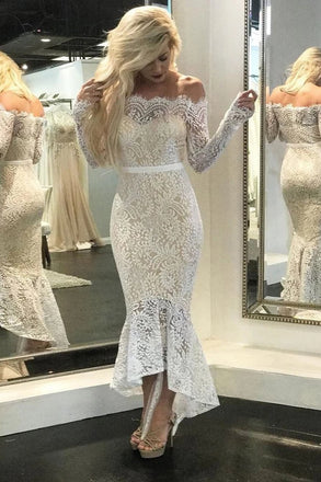 High Low Long Sleeves Mermaid Lace Wedding Dress, Off the Shoulder Lace Bridal Dress N2257