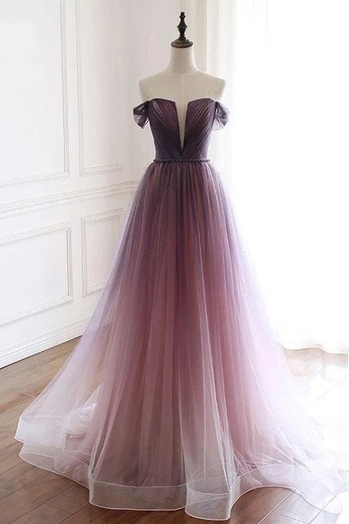 A Line Off the Shoulder Ombre Prom Dresses with Belt, Purple Gradient cherishgirls A Line Off the Shoulder Ombre Prom Dresses with Belt, Purple Gradient cherishgirls