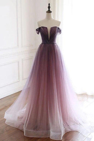 A Line Off the Shoulder Ombre Prom Dresses with Belt, Purple Gradient – cherishgirls A Line Off the Shoulder Ombre Prom Dresses with Belt, Purple Gradient – cherishgirls