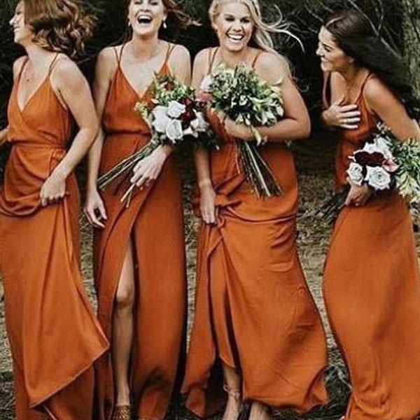 Spaghetti Strap V Neck Split Long Bridesmaid Dress, Orange Cheap Bridesmaid Dresses UQ2367