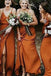 Spaghetti Strap V Neck Split Long Bridesmaid Dress, Orange Cheap Bridesmaid Dresses N2367