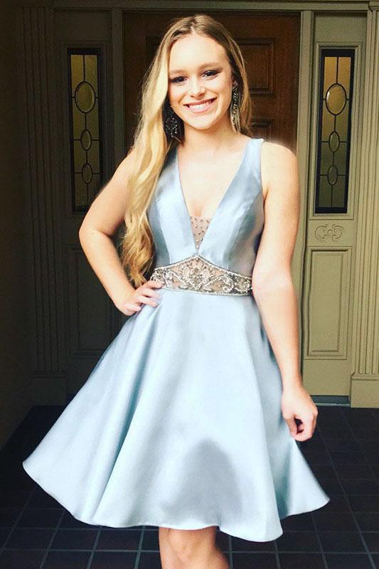 A-Line V-neck Light Blue Satin Homecoming Dress with Beading, Sexy Sho –  cherishgirls