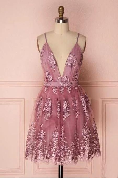 A Line Deep V Neck Spaghetti Straps Homecoming Dresses, Short Lace Prom Dresses N1989