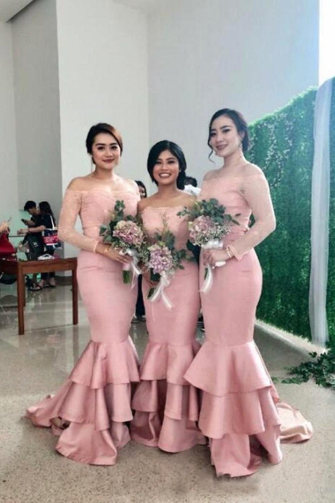 New Style Off the Shoulder Long Sleeve Memaid Bridesmaid Dress with Ru cherishgirls