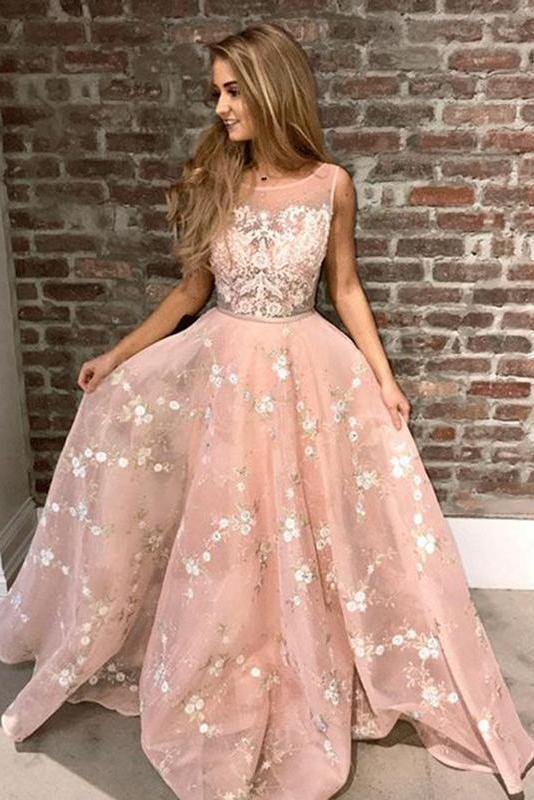 Pink Sleeveless Lace Prom Dress with Appliques, Puffy Long Graduation Dresses UQ1743 Pink Sleeveless Lace Prom Dress with Appliques, Puffy Long Graduation Dresses UQ1743