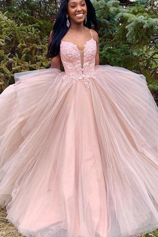 Spaghetti Straps Tulle Long Prom Dress with Lace Appliques, New Pink Long Party Dress N2466