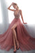 Beading V neck Pink High Split Tulle Sweep Train Sleeveless Evening Gown with Sequins N2278