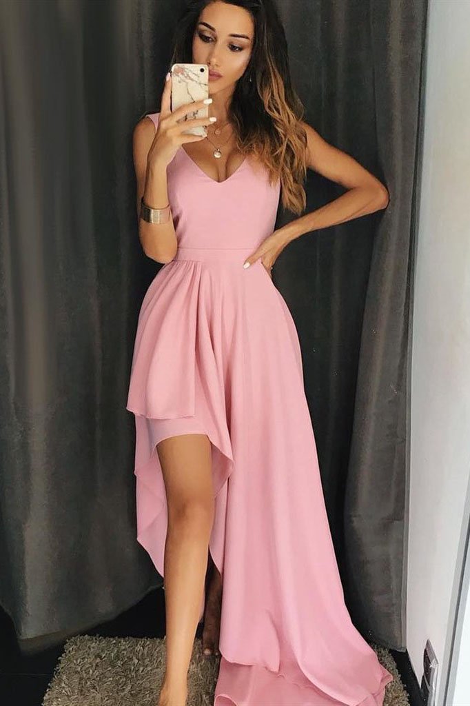 A Line V Neck High Low Pink Simple Long Prom Dresses, Unique Chiffon Formal Dress UQ1691