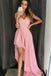 A Line V Neck High Low Pink Simple Long Prom Dresses, Unique Chiffon Formal Dress UQ1691