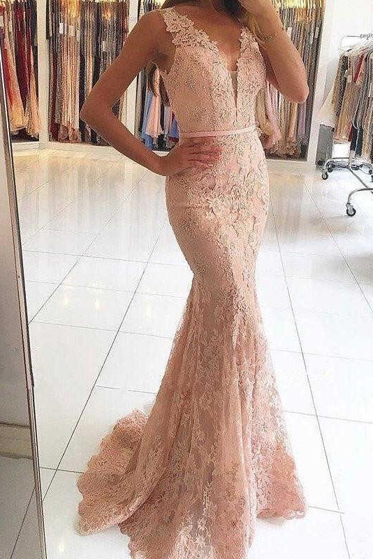 Pink Sleeveless Lace Formal Dresses, Mermaid Sheer Back Lace Prom Gown N2029