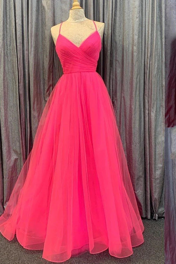 Hot Pink Tulle Spaghetti Straps V Neck Prom Dresses With Slit,Long Party Gown CHP0174