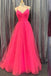 Hot Pink Tulle Spaghetti Straps V Neck Prom Dresses With Slit,Long Party Gown CHP0174