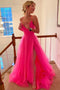 Hot Pink Tulle Spaghetti Straps V Neck Prom Dresses With Slit,Long Party Gown CHP0174