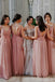 Pink V Neck Floor Length Backless Bridesmaid Dress with Flowers, Long Prom Dress chb0028