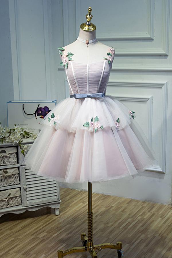 Puffy Straps Tulle Homecoming Dress with Flowers, Princess Graduation Dress with Belt UQ1973