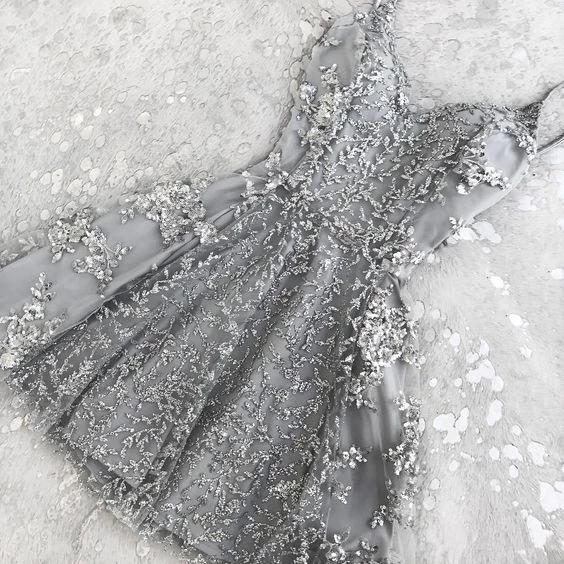 Silver Gray Spaghetti Strap V Neck Lace Homecoming Dresses, Mini Gradu cherishgirls Silver Gray Spaghetti Strap V Neck Lace Homecoming Dresses, Mini Gradu cherishgirls