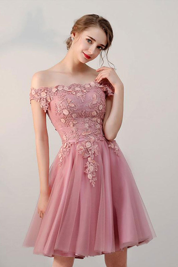 Pink Off the Shoulder Short Tulle Prom Dress, Cute Homecoming Dress with Appliques N1681