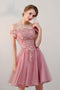Pink Off the Shoulder Short Tulle Prom Dress, Cute Homecoming Dress with Appliques UQ1681