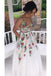 A Line V Neck Ivory Lace Prom Dresses with Flowers , Long Sleeveless Party Dresses with Appliques chp003
