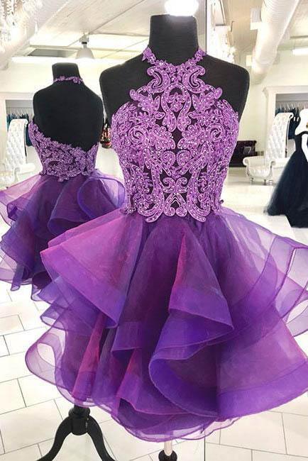 Purple Halter Asymmetrical Short Homecoming Dresses with Beading, Mini Cocktail Dress N1876