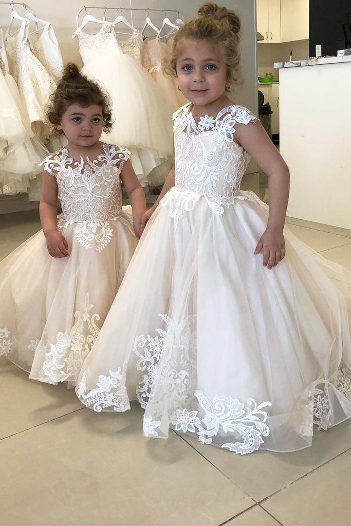 Ball Gown Cap Sleeves Appliqued Ivory Flower Girl Dress Puffy Cute Flower Girl Dress UF070