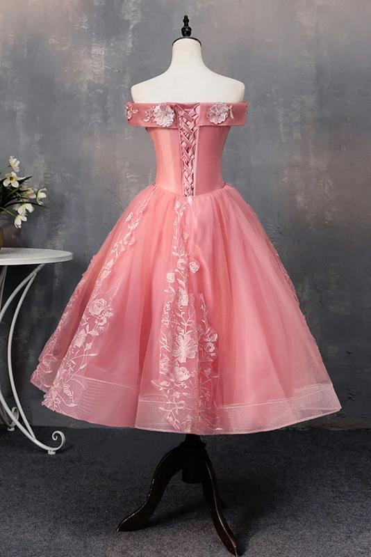 Knee Length Tulle Graduation Dress with Appliques, Off the Shoulder Dress with Flowers UQ2134