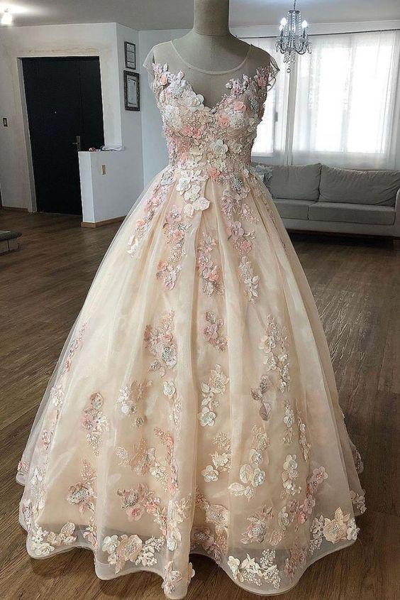 Puffy Sheer Neck Floor Length Party Dress with Flowers, Long Prom Gown with Appliques N1742