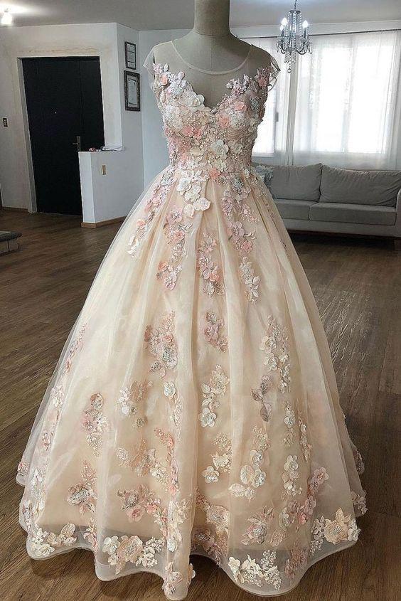Puffy Sheer Neck Floor Length Party Dress with Flowers, Long Prom Gown –  cherishgirls