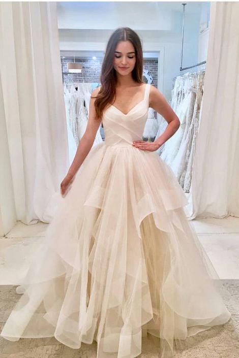 Puffy Straps Long Beach Wedding Dresses, Unique Cascading Ruffles Brid cherishgirls Puffy Straps Long Beach Wedding Dresses, Unique Cascading Ruffles Brid cherishgirls