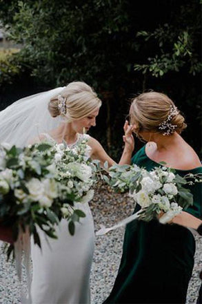 Dark Green Ankle Length Off Shoulder Bridesmaid Dresses, Cheap Chiffon Bridesmaid Dress UQ2386