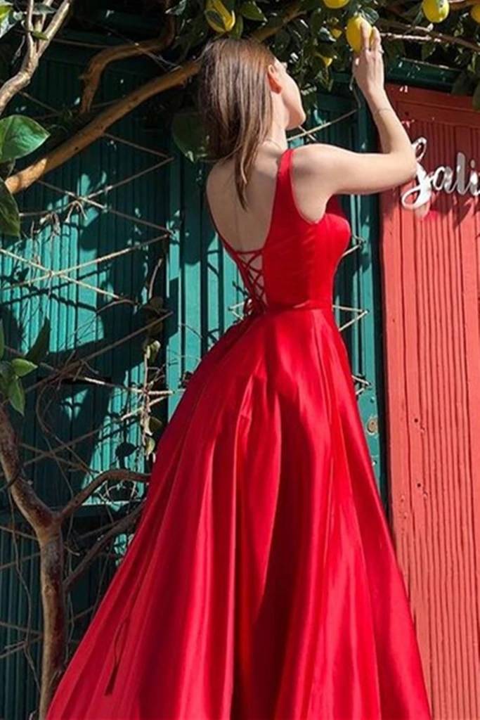 Simple Red Satin High Slit Long Prom Dress, Long Red Formal Evening Dr – cherishgirls