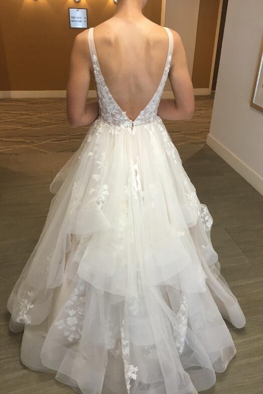 A-Line Lace Wedding Dress With Sweep Train ,Deep V Neck Lace Appliques Bridal Gowns CHW0033