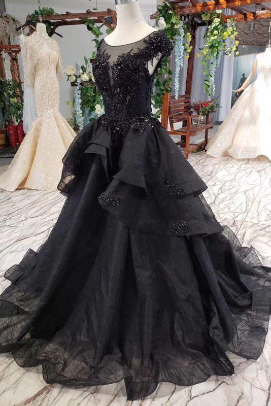 Puffy Cap Sleeves Black Long Prom Dress with Appliques, Charming Beadi –  cherishgirls