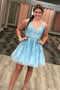 Blue Cheap Cute V-Neck Applique Lace Homecoming Dress,Tulle Short Prom Dress UQ2040