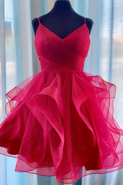 Red Spaghetti Strap Ruffled Short Homecoming Dress, Short Prom Dress w –  cherishgirls