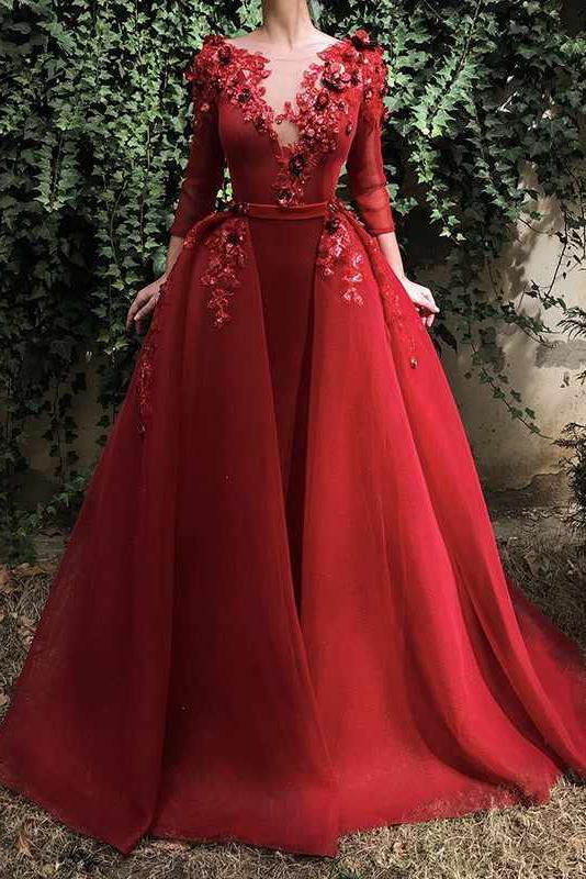 Red Long Prom Dress with 3/4 Sleeves, Puffy Organza Formal Dresses with Flowers N2027