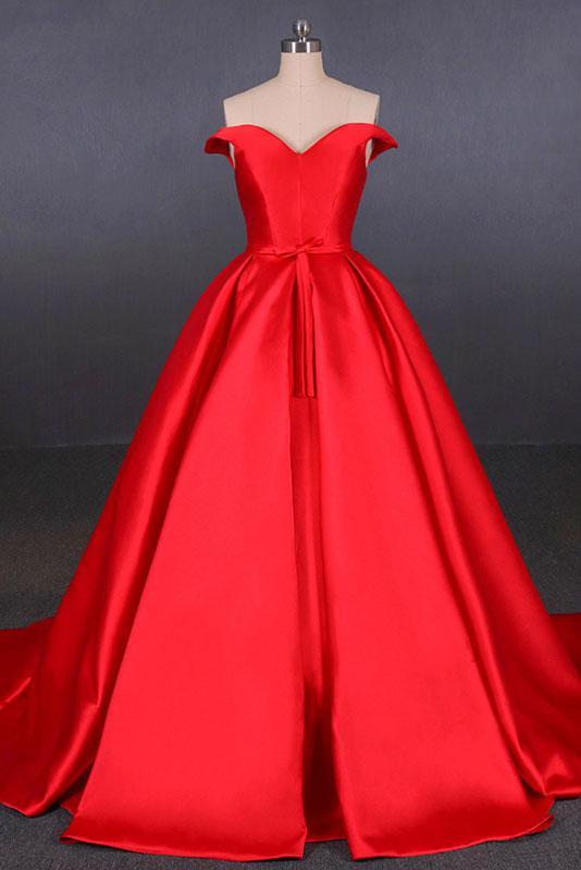 Puffy Off the Shoulder Red Satin Prom Dress, A Line Party Dress with B – cherishgirls Puffy Off the Shoulder Red Satin Prom Dress, A Line Party Dress with B – cherishgirls